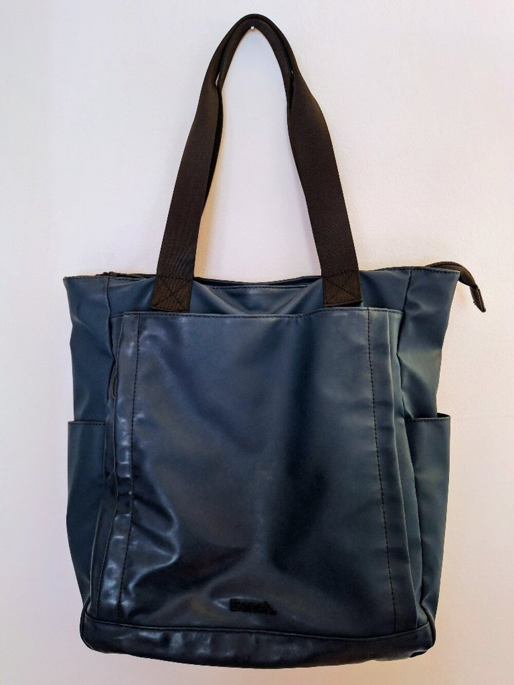 Bench tote bag, teal color, soft material and black hardware